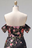 Black Off the Shoulder Floral Embroidered Bodycon Homecoming Dress with Sash