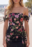 Black Off the Shoulder Floral Embroidered Bodycon Homecoming Dress with Sash