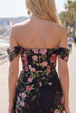Black Off the Shoulder Floral Embroidered Bodycon Homecoming Dress with Sash
