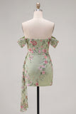 Black Off the Shoulder Floral Embroidered Bodycon Homecoming Dress with Sash