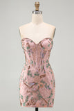 Pink Floral Bodycon Sweetheart Corset Homecoming Dress with Beading