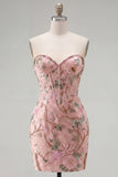 Pink Floral Bodycon Sweetheart Corset Homecoming Dress with Beading