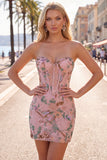 Pink Floral Bodycon Sweetheart Corset Homecoming Dress with Beading