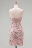 Pink Floral Bodycon Sweetheart Corset Homecoming Dress with Beading