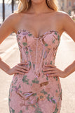 Pink Floral Bodycon Sweetheart Corset Homecoming Dress with Beading