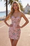 Pink Floral Bodycon Sweetheart Corset Homecoming Dress with Beading