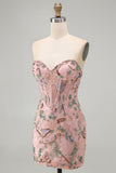 Pink Floral Bodycon Sweetheart Corset Homecoming Dress with Beading