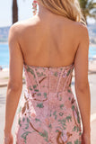 Pink Floral Bodycon Sweetheart Corset Homecoming Dress with Beading