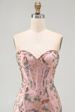 Pink Floral Bodycon Sweetheart Corset Homecoming Dress with Beading