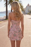 Pink Floral Bodycon Sweetheart Corset Homecoming Dress with Beading