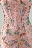 Pink Floral Bodycon Sweetheart Corset Homecoming Dress with Beading