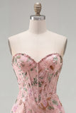 Pink Floral Bodycon Sweetheart Corset Homecoming Dress with Beading
