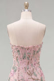Pink Floral Bodycon Sweetheart Corset Homecoming Dress with Beading