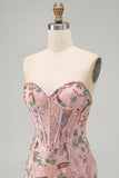 Pink Floral Bodycon Sweetheart Corset Homecoming Dress with Beading