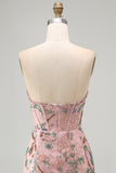 Pink Floral Bodycon Sweetheart Corset Homecoming Dress with Beading