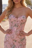 Pink Floral Bodycon Sweetheart Corset Homecoming Dress with Beading