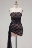 Black Strapless Bodycon Ruched Lace Beaded Homecoming Dress with Sash