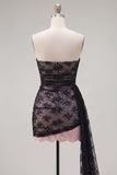 Black Strapless Bodycon Ruched Lace Beaded Homecoming Dress with Sash