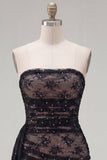 Black Strapless Bodycon Ruched Lace Beaded Homecoming Dress with Sash