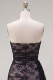 Black Strapless Bodycon Ruched Lace Beaded Homecoming Dress with Sash