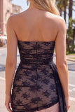 Black Strapless Bodycon Ruched Lace Beaded Homecoming Dress with Sash
