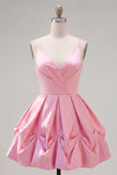Pink Ruched Spaghetti Straps A Line Short Homecoming Dress with Lace Up Back
