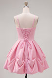 Pink Ruched Spaghetti Straps A Line Short Homecoming Dress with Lace Up Back