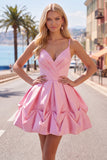 Pink Ruched Spaghetti Straps A Line Short Homecoming Dress with Lace Up Back