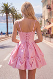 Pink Ruched Spaghetti Straps A Line Short Homecoming Dress with Lace Up Back