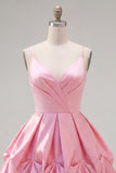 Pink Ruched Spaghetti Straps A Line Short Homecoming Dress with Lace Up Back