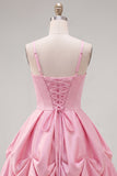 Pink Ruched Spaghetti Straps A Line Short Homecoming Dress with Lace Up Back