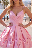 Pink Ruched Spaghetti Straps A Line Short Homecoming Dress with Lace Up Back