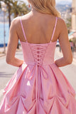 Pink Ruched Spaghetti Straps A Line Short Homecoming Dress with Lace Up Back