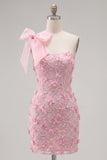 Pink One Shoulder 3D Flower Bow Bodycon Homecoming Dress