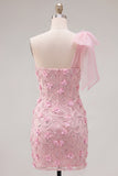 Pink One Shoulder 3D Flower Bow Bodycon Homecoming Dress