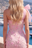 Pink One Shoulder 3D Flower Bow Bodycon Homecoming Dress
