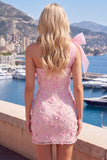 Pink One Shoulder 3D Flower Bow Bodycon Homecoming Dress