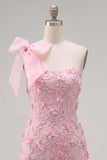 Pink One Shoulder 3D Flower Bow Bodycon Homecoming Dress