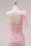 Pink One Shoulder 3D Flower Bow Bodycon Homecoming Dress