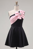 One Shoulder Black A Line Short Homecoming Dress
