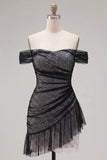 Off the Shoulder Lace Black Homecoming Dress with Ruffles