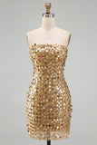 Sparkly Gold Strapless Bodycon Homecoming Dress with Lace-up Back