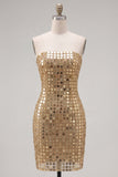 Sparkly Gold Strapless Bodycon Homecoming Dress with Lace-up Back