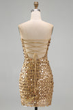 Sparkly Gold Strapless Bodycon Homecoming Dress with Lace-up Back