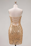 Sparkly Gold Strapless Bodycon Homecoming Dress with Lace-up Back