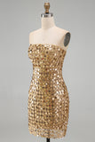 Sparkly Gold Strapless Bodycon Homecoming Dress with Lace-up Back