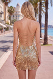Sparkly Gold Strapless Bodycon Homecoming Dress with Lace-up Back