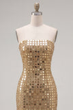 Sparkly Gold Strapless Bodycon Homecoming Dress with Lace-up Back