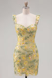 Yellow Floral Sequin Bodycon Short Homecoming Dress