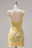 Yellow Floral Sequin Bodycon Short Homecoming Dress